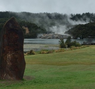 View of the Silica Terraces at Orakei Korako across the Waikato River