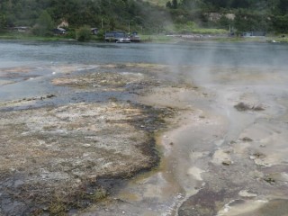 View of visitor centre across river to Orakei Korako thermal park