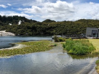 View of visitor centre across river to Orakei Korako thermal park